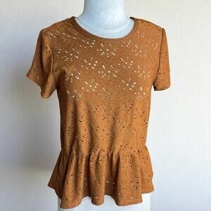 Nanette Lepore Eyelet Peplum RuffTop S Brown Boho Festival Cottagecore Coquette